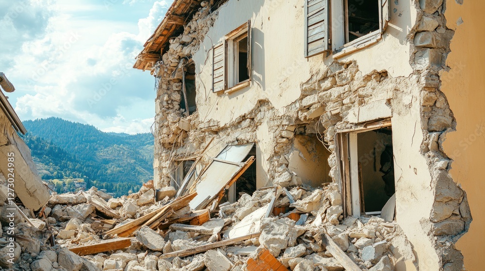 Poster a collapsed building in the aftermath of a powerful earthquake in a mountain village, with broken wi