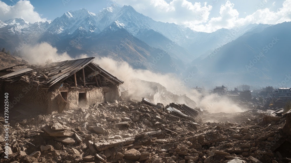 Poster a collapsed house covered in rubble and debris after a devastating earthquake in a remote mountain v