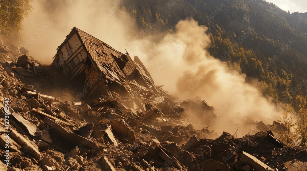 Aufkleber a collapsed house covered in rubble and debris after a devastating earthquake in a remote mountain v