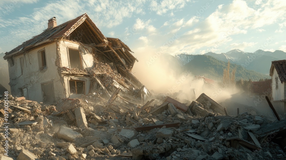 Aufkleber a collapsed house covered in rubble and debris after a devastating earthquake in a remote mountain v