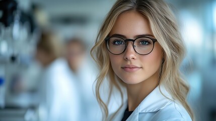 portrait of a confident female researcher in a white lab coat and glasses working in a modern medical science laboratory with a team of specialists behind her