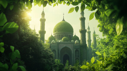 Majestic Mosque Surrounded By Lush Greenery and Sunlit Forest