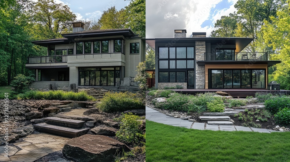 Aufkleber a comparison slider of a dilapidated house transformed into a luxurious custom home with lush green 