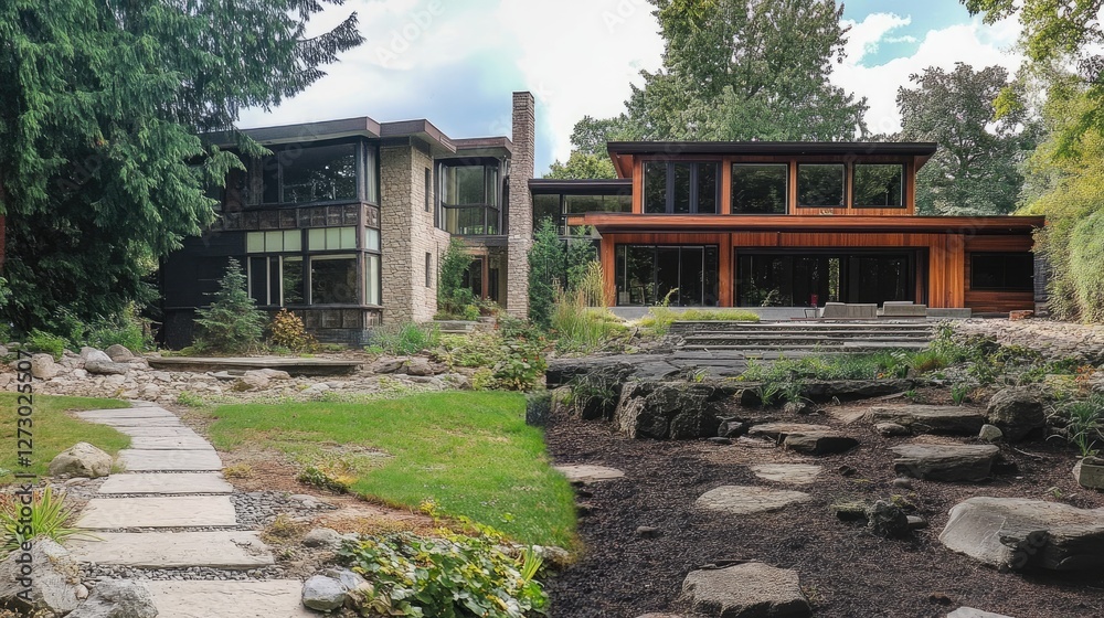 Aufkleber a comparison slider of a dilapidated house transformed into a luxurious custom home with lush green 