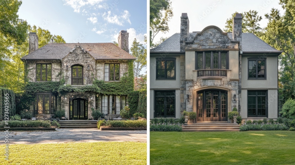 Aufkleber a comparison slider of a dilapidated house transformed into a luxurious custom home with lush green 
