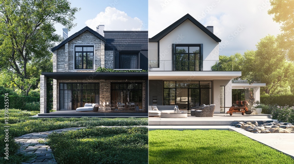 Aufkleber a comparison slider of a dilapidated house transformed into a luxurious custom home with lush green 