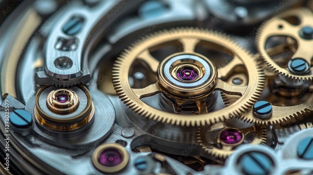 Poster a complex clockwork mechanism in motion, with gears turning effortlessly, illustrating the beauty an