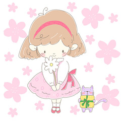 プレゼントの白い花を持つピンク色のワンピースの女の子と猫　背景桜
