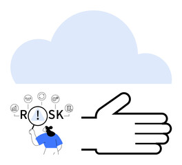 Abstract composition of a magnifying glass highlighting Risk, icons, a large hand symbol, and a cloud. Ideal for risk management, technology, guidance, analysis, decision-making business planning
