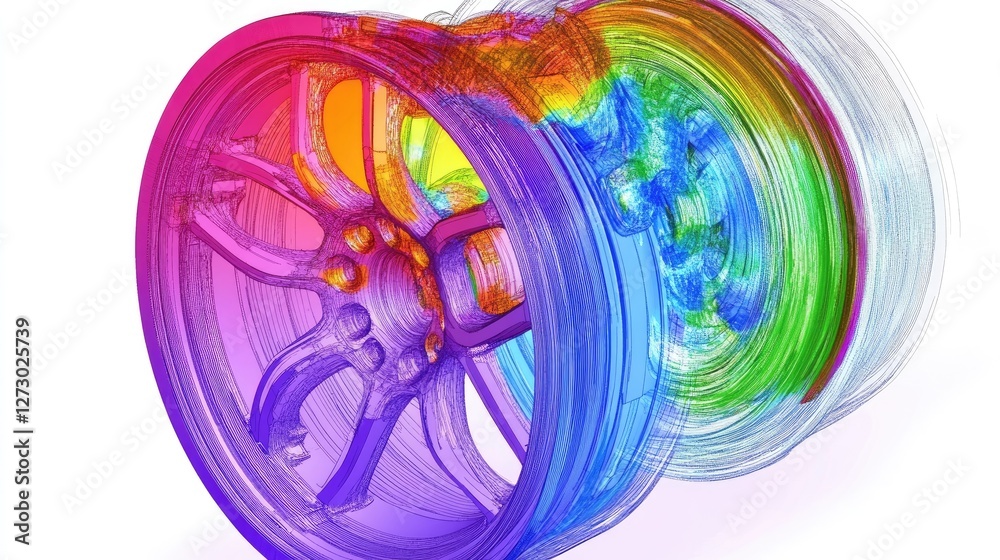 Aufkleber A computer-generated image of FEM analysis on a rim wheel, showing stress test results and color maps of areas under strain.
