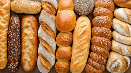 Assortment of fresh bread varieties displayed on a wooden surface in a bakery setting