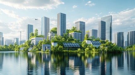A conceptual image of a sustainable city, featuring eco-friendly buildings, green energy sources, and solar panels, highlighting modern urban development.
