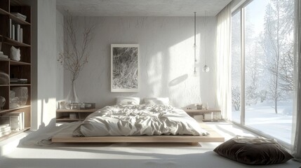 Serene Winter Bedroom: Minimalist Design and Snowscape View