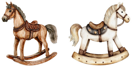 Whimsical watercolor rocking horses art studio illustrative artwork creative space close-up watercolor translate background