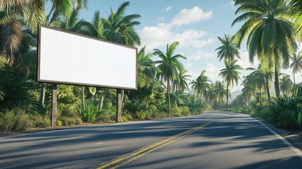 A large blank billboard stands on the side of an asphalt road, surrounded by palm trees. The billboard is empty and white, with no text or image