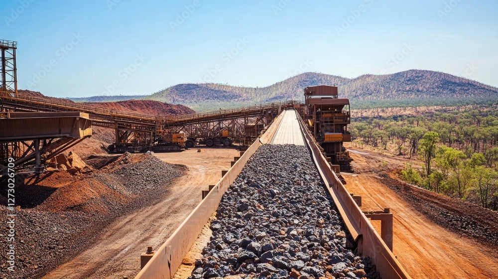 Poster a conveyor belt filled with rocks in a bustling open-pit mine, with large mining equipment and a bar
