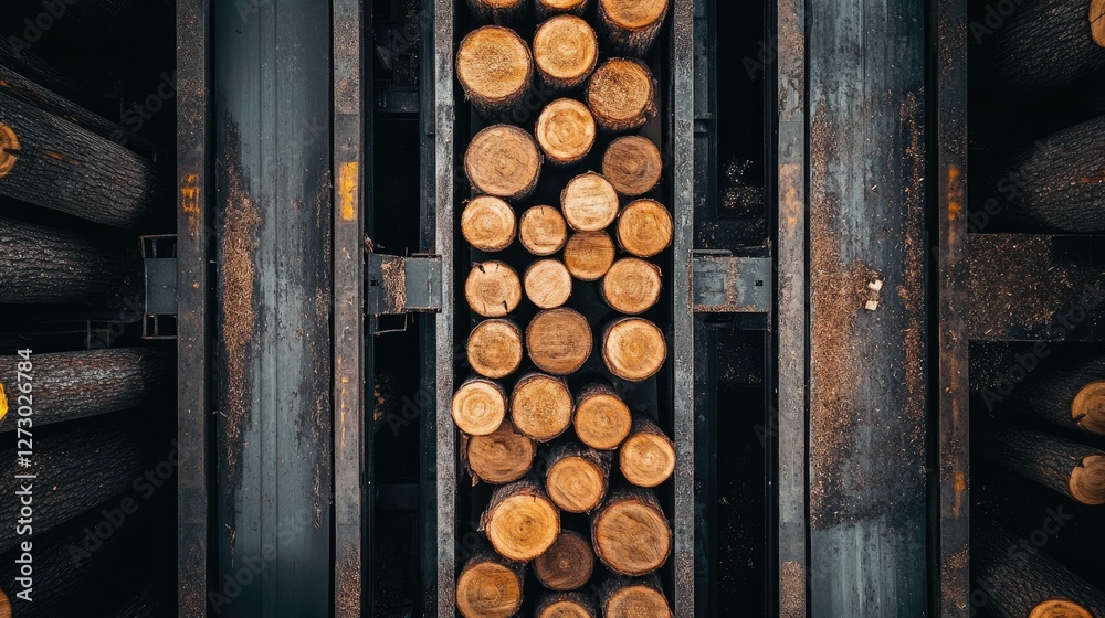 Aufkleber A conveyor belt moving logs through a lumber processing factory, showing the mechanical precision and the large-scale operation of the timber industry.