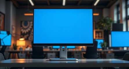 Screen monitor mockup with a modern office workspace background