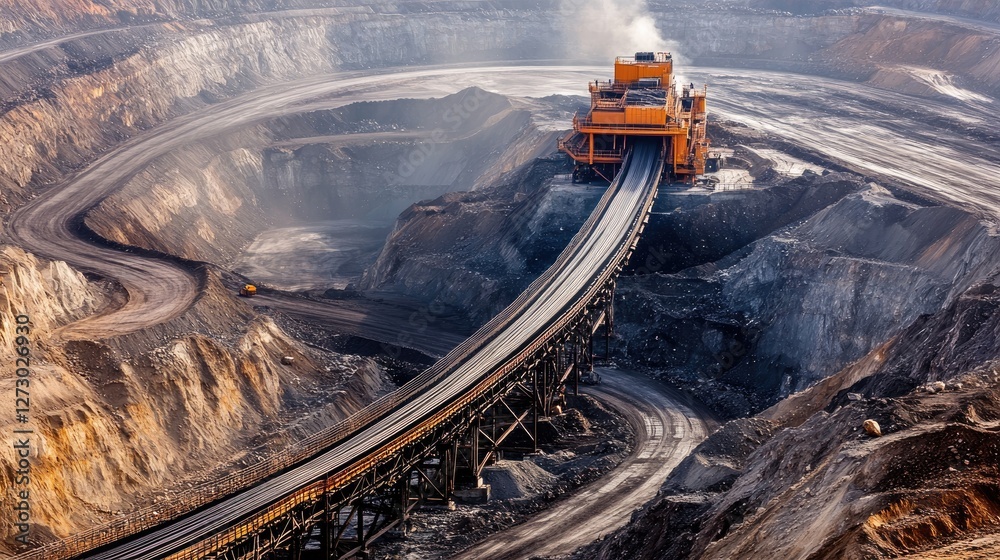 Poster A conveyor belt transporting raw materials in a massive open-pit mine, illustrating the scale and industrial nature of mining operations.