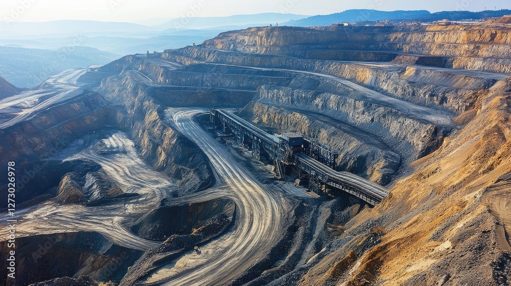 Poster A conveyor belt transporting raw materials in a massive open-pit mine, illustrating the scale and industrial nature of mining operations.