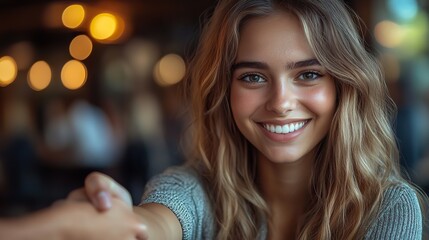 Fototapeta premium portrait of a smiling young business manager warmly shaking hands with a new employee during an onboarding meeting