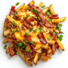 Loaded cheese fries with crispy bacon and green onions isolated on white