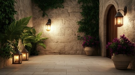 Fototapeta premium Rustic mediterranean courtyard evening glow outdoor space decorative lighting lush greenery serene ambiance