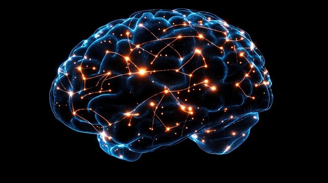 A detailed human brain visualization with glowing neural pathways, digital art style, educational purpose