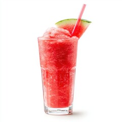 Refreshing watermelon slushie in a tall glass with a straw isolated on white