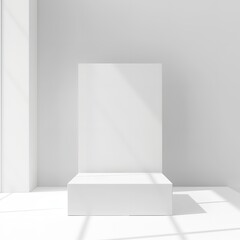 Fototapeta premium White Geometric Display with Backdrop: A 3D Rendered Scene Featuring White Rectangular and Square Platforms of Varying Heights, Arranged in a Minimalist Composition Against a White Rectangular Backdr