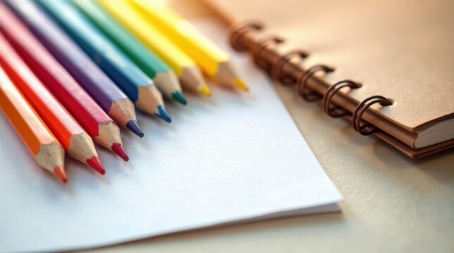 A vibrant collection of colored pencils rests beside a blank sheet of paper and a spiral-bound notebook, suggesting the potential for creative expression and artistic endeavors.