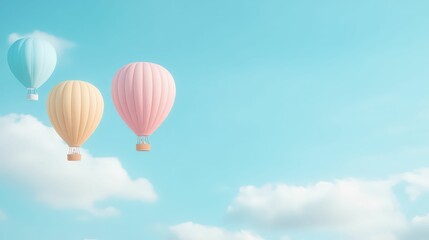 Naklejka premium Pastel-colored hot air balloons soaring in the clear sky scenic view nature photography dreamy atmosphere tranquil escape