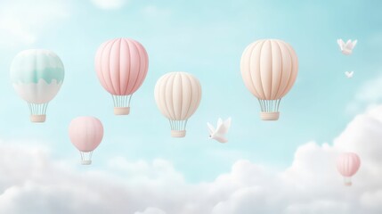 Fototapeta premium Pastel-colored hot air balloons floating above soft clouds aerial view dreamy atmosphere adventure in the sky