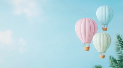 Obraz premium Pastel-colored hot air balloons floating in the sky over tropical paradise aerial view dreamy atmosphere