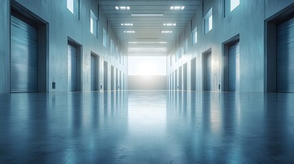 Obraz premium Modern Industrial Warehouse Interior with Rolling Doors and Polished Concrete Floor