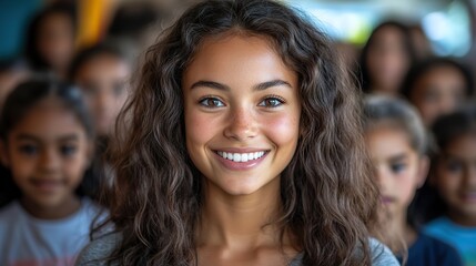 portrait of happy female teacher with diverse group of students in elementary school classroom