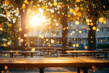 Obraz premium An outdoor cafe table with sunlight shining through the trees and golden sparkles falling on it. In front is a school building, and several tables can be seen in blurred focus. 