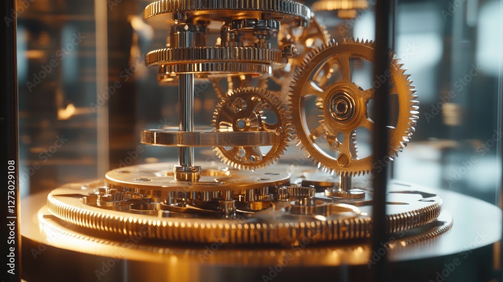 Poster A detailed view of rotating gears in a clockwork mechanism, with smooth and synchronized motion reflecting the precision craftsmanship of the design.