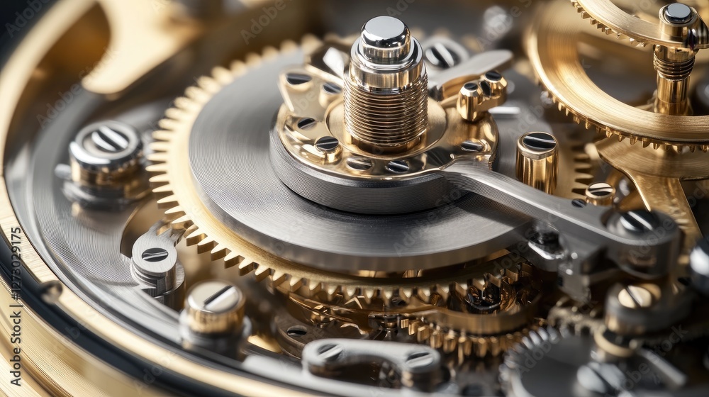 Poster A detailed view of rotating gears in a clockwork mechanism, with smooth and synchronized motion reflecting the precision craftsmanship of the design.