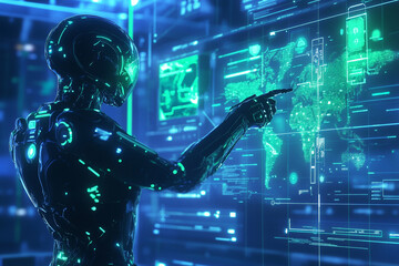 A futuristic robot interacting with a digital data interface on a blue background perfect for technology and AI-themed designs and presentations AI controls robotics arms on factory or manufacture. In