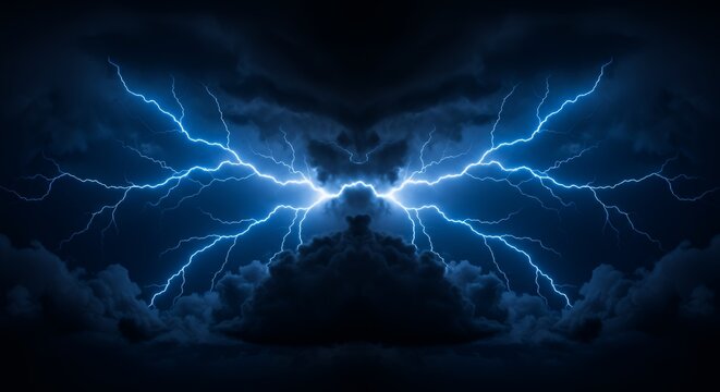Dramatic Lightning Strikes Amidst Dark Storm Clouds in Night Sky