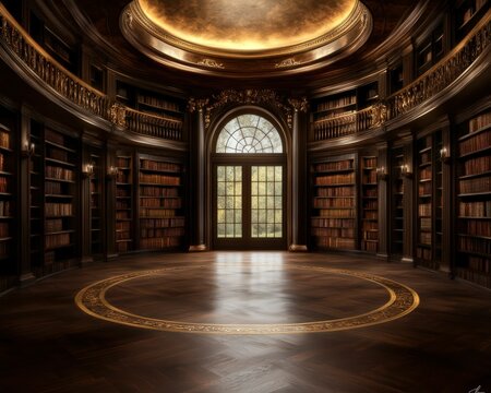 Explore a renaissance-inspired library elegant literary retreat dark wood shelves panoramic views serene reading atmosphere