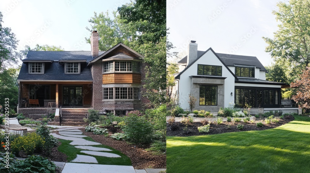 Aufkleber a dramatic before-and-after slider of a neglected house renovated into a stunning custom home with f