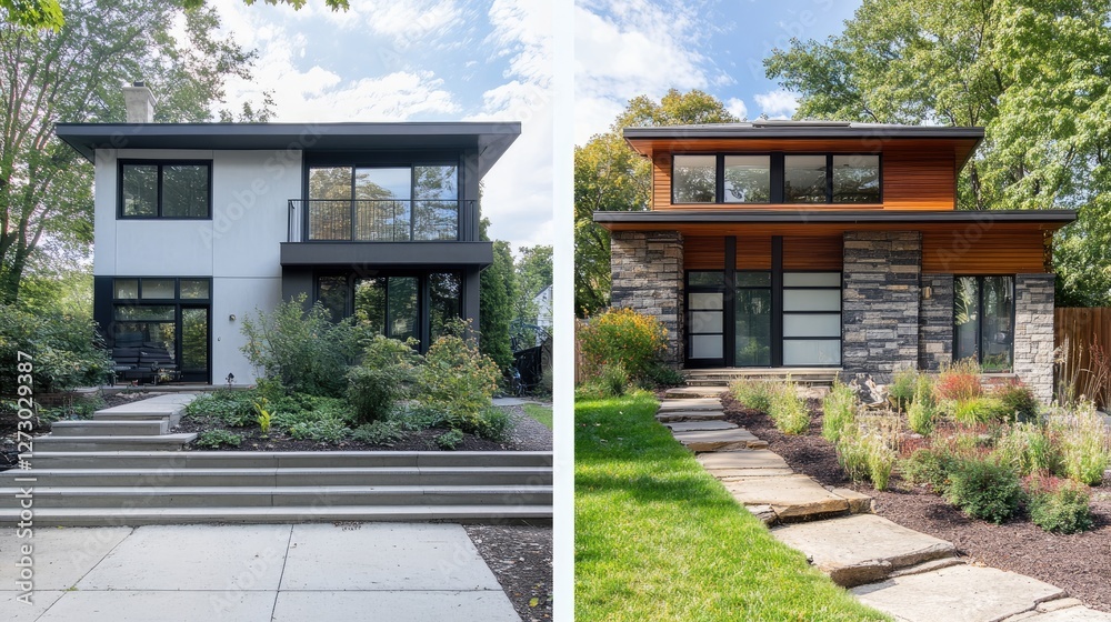 Aufkleber a dramatic before-and-after slider of a neglected house renovated into a stunning custom home with f