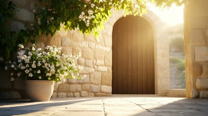Fototapeta premium Serene romantic setting in a mediterranean courtyard rustic stone wall floral accents warm light tranquil escape
