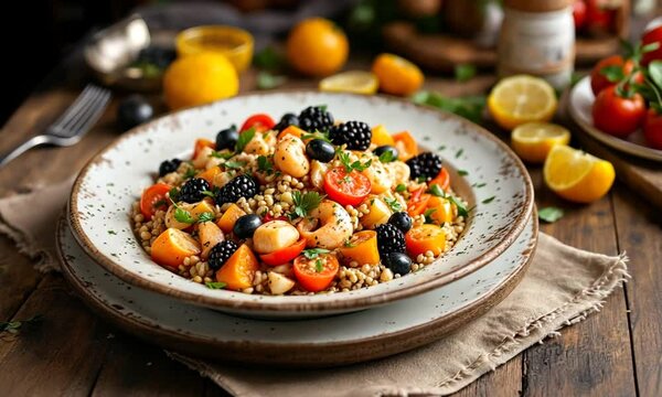 Shrimp, blackberry, and farro salad on wooden table