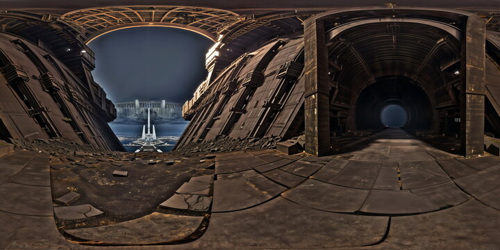 Full 360 degrees seamless spherical panorama HDRI equirectangular projection of a futuristic industrial tunels interior. Texture environment map for lighting and reflection source rendering 3d scenes.