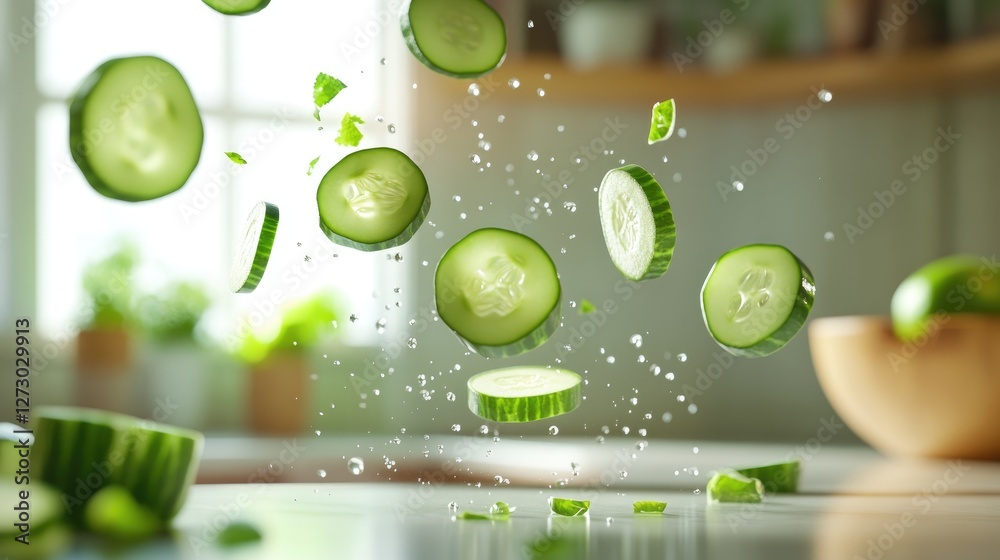 Aufkleber A dynamic image of healthy cucumber slices floating in mid-air, illustrating their freshness and nutritional value in a vibrant, clean setting.