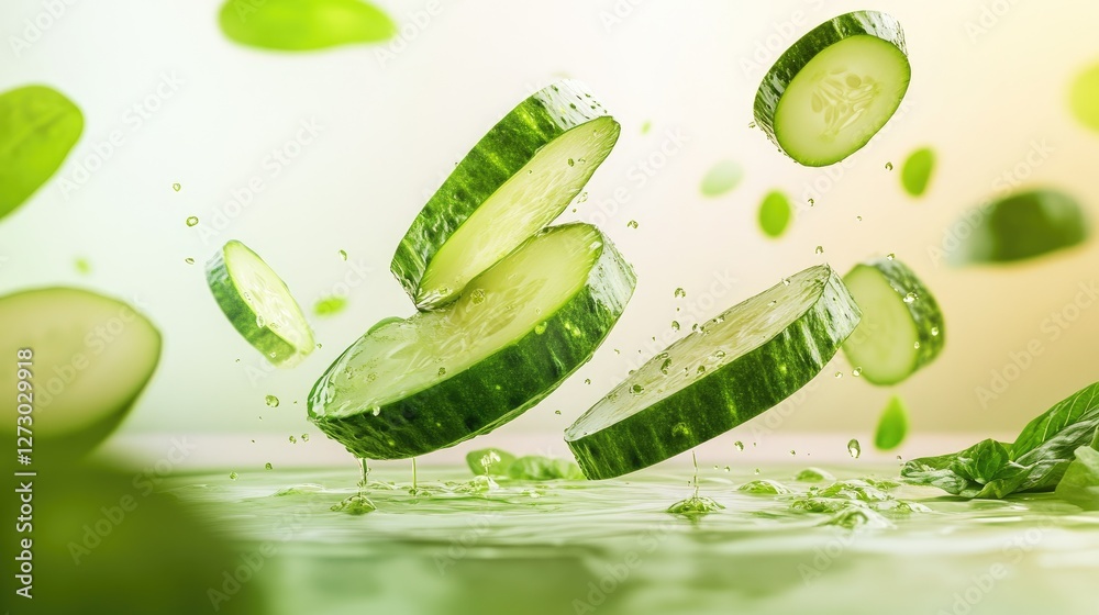 Aufkleber A dynamic image of healthy cucumber slices floating in mid-air, illustrating their freshness and nutritional value in a vibrant, clean setting.