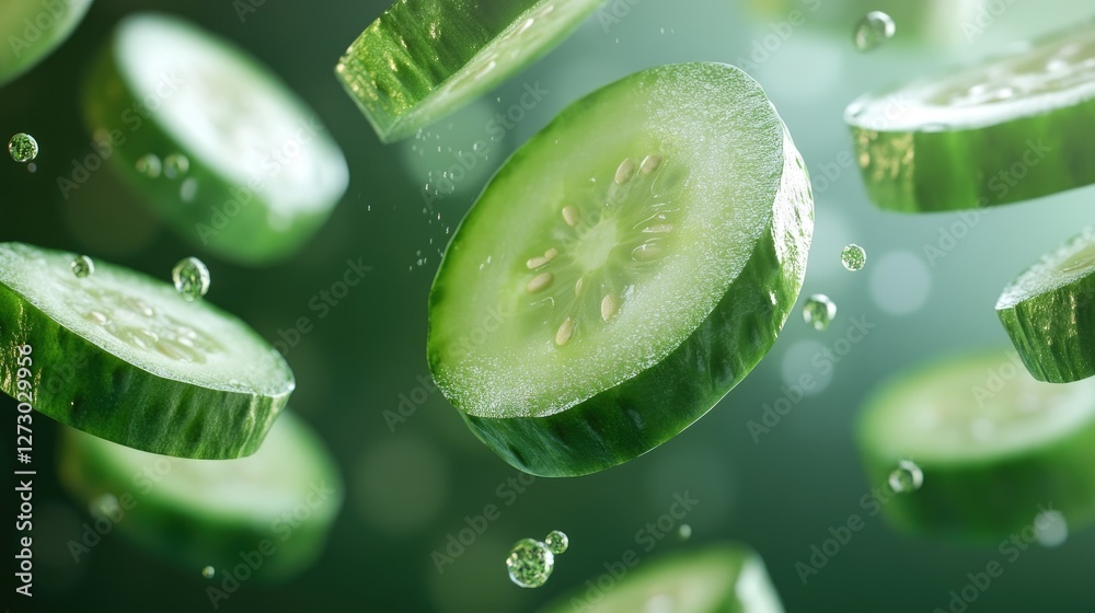 Aufkleber A dynamic image of healthy cucumber slices floating in mid-air, illustrating their freshness and nutritional value in a vibrant, clean setting.